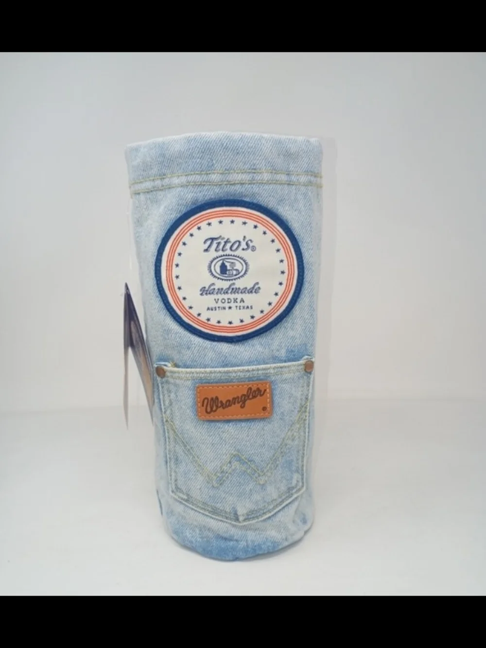 Wrangler Light Blue Denim Bottle Holder with Tito's Patch And Drawstring